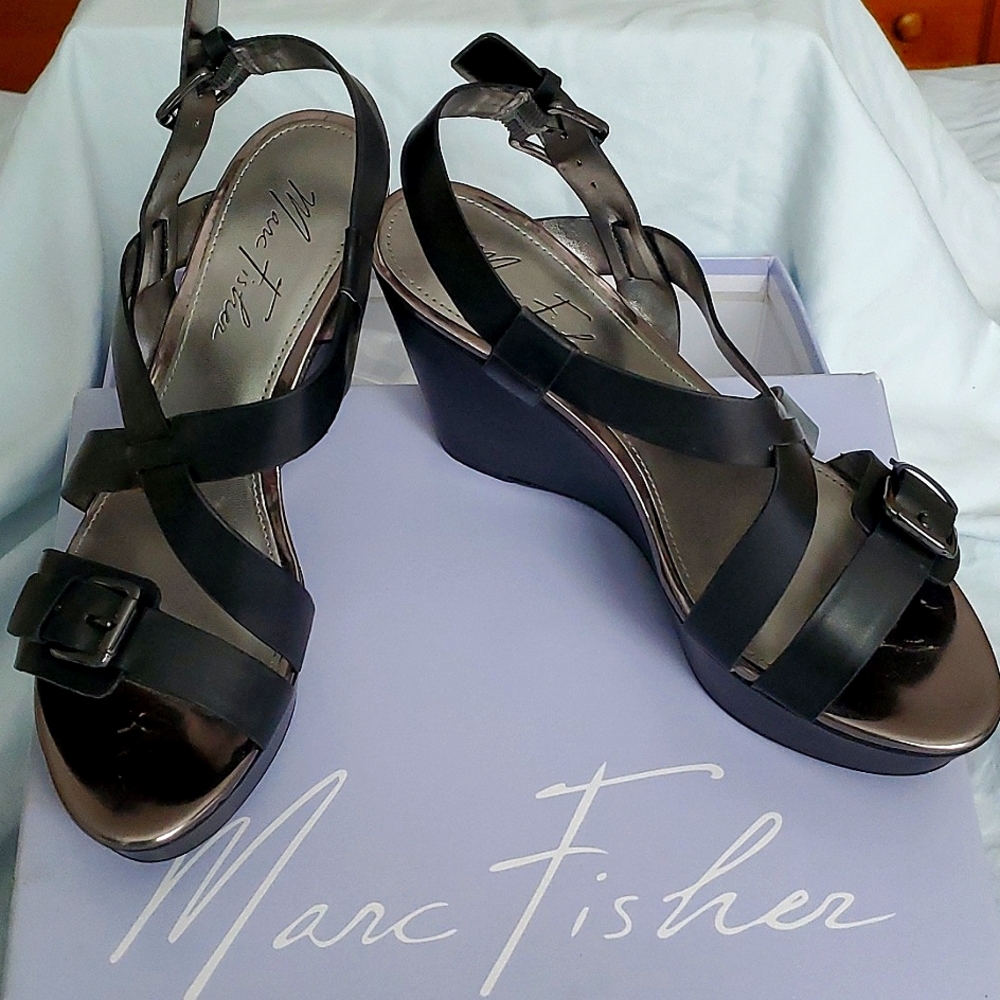 Marc Fisher Black Strappy wedge shoe